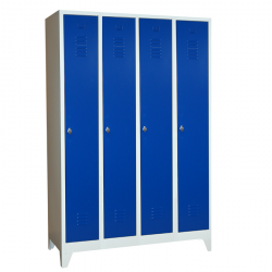 Stahl-Kleiderspind - blaue Türen - 30 cm Abteilbreite - Gesamt 120 cm breit - 4 Abteile  - Zylinderschloss mit 2 Schlüssel - mit Füssen - Lieferzeit ca. 2-3 Wochen !